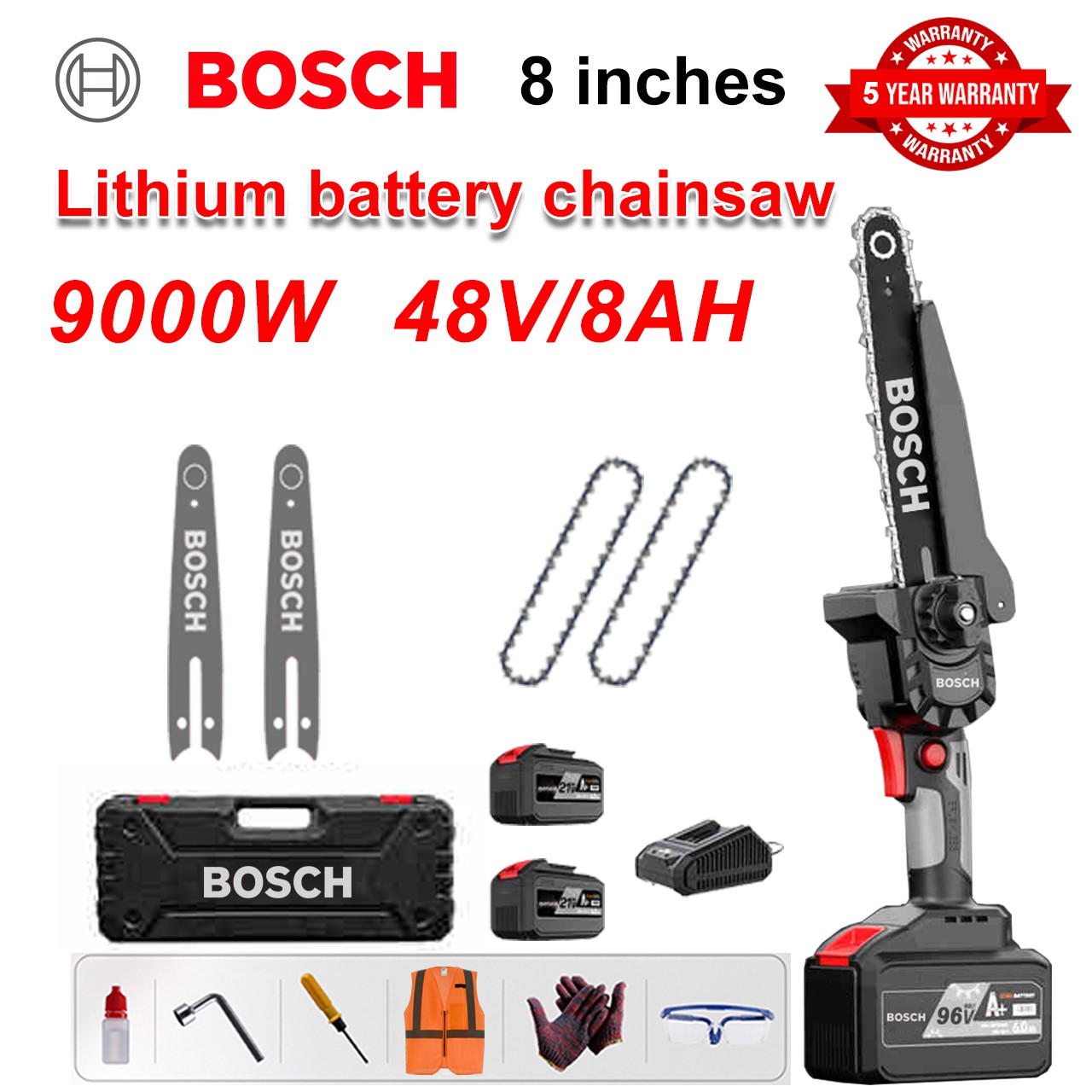 [Normal Model/5 Years Warranty] 8 Inch 9000W Lithium Electric Saw, 48V Battery*2, Charger, Guide Plate*2, Chain*4, Tool Box, Lubricating Oil, Goggles