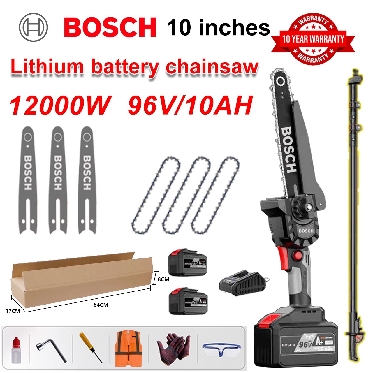 [With Telescopic Bar/10 Years Warranty] 10 Inch 12000W Lithium Electric Saw, 96V Battery*2, Charger, Guide Plate*3, Chain*3, Tool Box, Lubricating Oil and Goggles, Powerful Motor