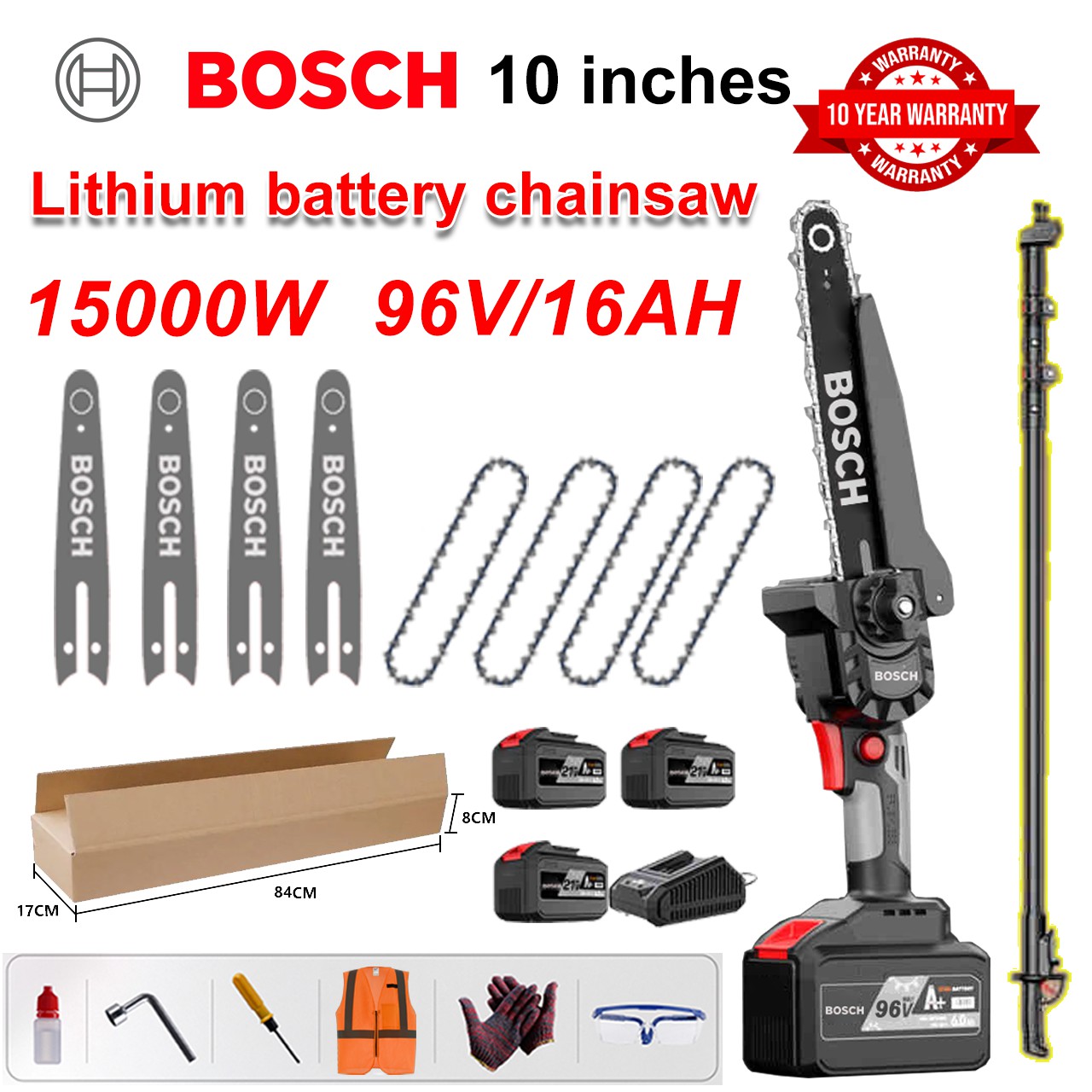 [With Telescopic Rod/10 Years Warranty] 10 Inch 15000W Lithium Electric Saw, 96V Battery*3, Charger, Guide Plate*4, Chain*4, Tool Box, Grease and Cups, Powerful Stone Cutting Motor